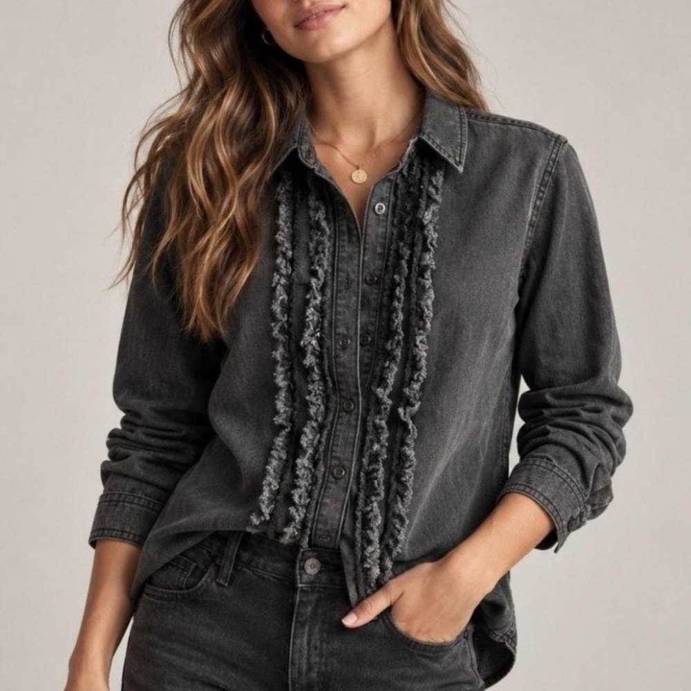 Pilcro XS Juni Shirt Grey Ruffle Trim Button Down Anthropologie Boho Western